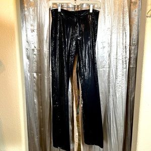 14”waist, 17” hips, inseam 30” - shimmer snake pattern, zipper- button closure.